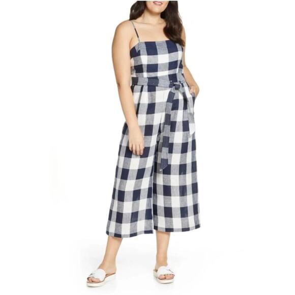 J.CREW Gingham Beauchamps Linen Spaghetti Strap Jumpsuit In Navy Ivory Size 12 - Picture 3 of 10